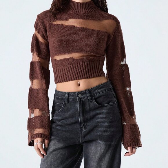 Brown Casual Women's Fashion Sheer Patchwork Flare Sleeve Cropped Sweater - Picture 4 of 7